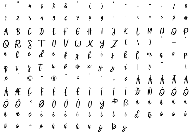 Billmate Regular  glyph index