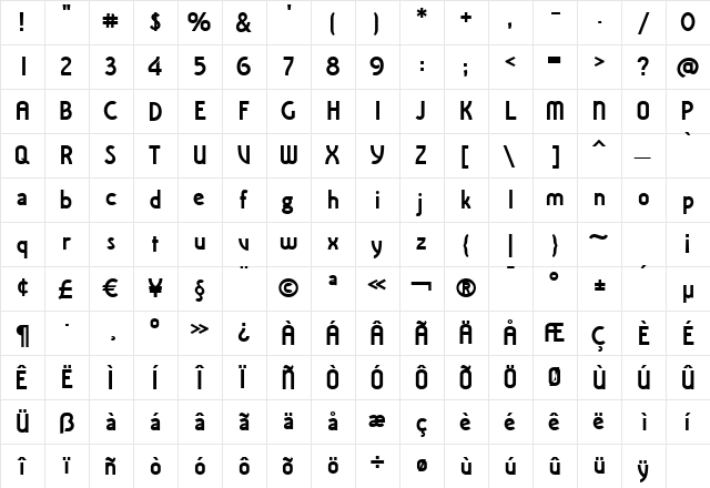 Iru1Black Regular  glyph index
