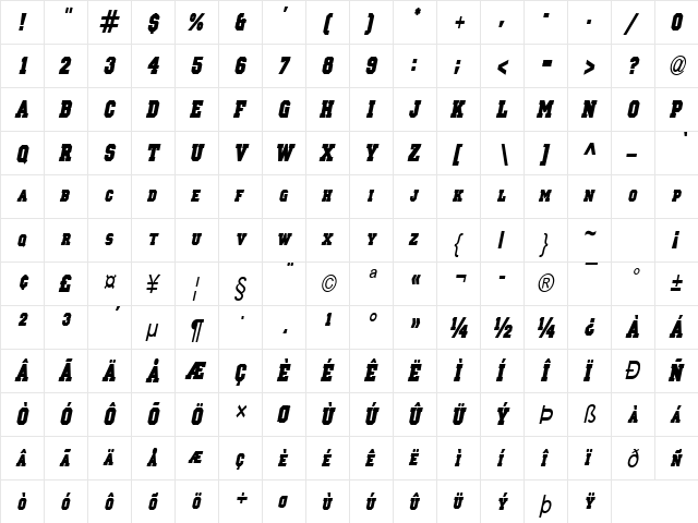 Princeton Solid-Condensed Italic  glyph index