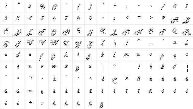 Harlow Std Regular  glyph index