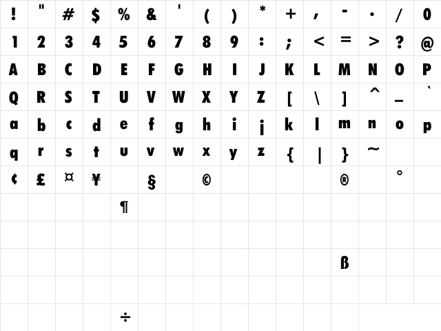 Futuri Condensed Ext Bold Regular  glyph index