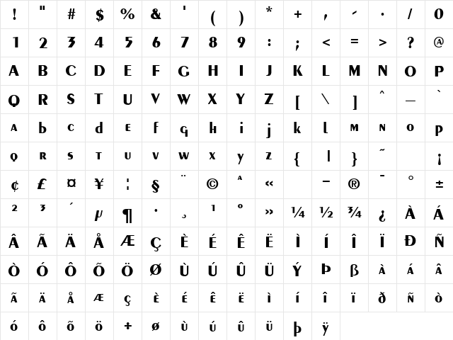 GE Penguin Bold  glyph index