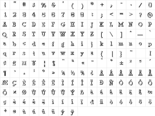 WyomingMacroniShadRight Regular  glyph index