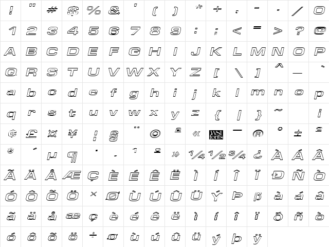 EuroseWideHollow Italic  glyph index