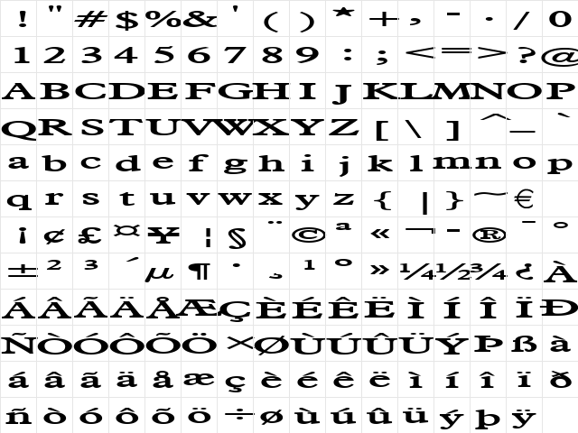 NadineExtended Bold  glyph index