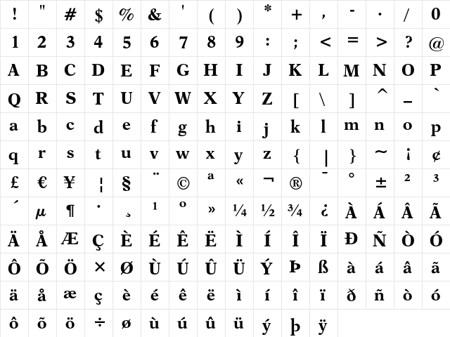 Dutch 823 Bold  glyph index