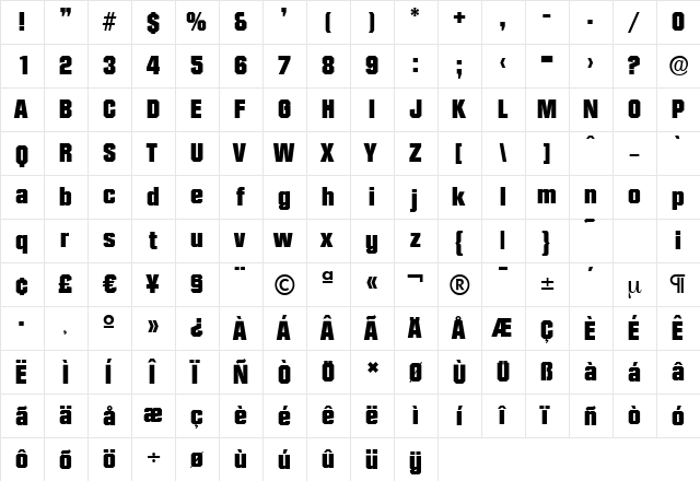 DiamanteSerial-Heavy Regular  glyph index