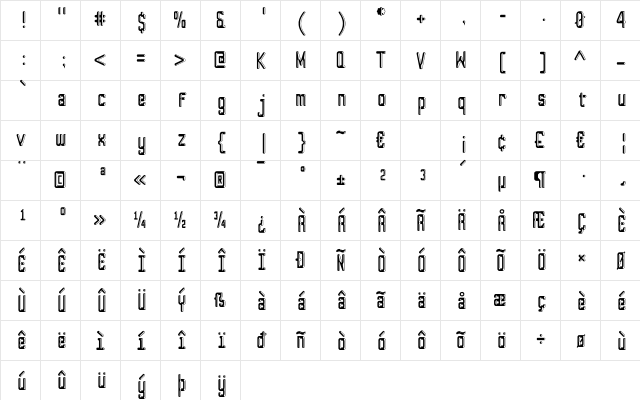 SquareShooter Mono 'Shaded' Regular  glyph index
