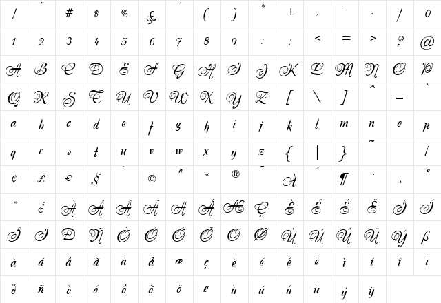 PrimroseJF Regular  glyph index
