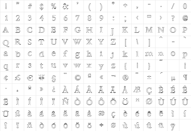 BernsteinOutline Regular  glyph index