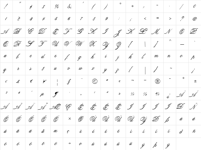 Old Fashion Script Regular  glyph index