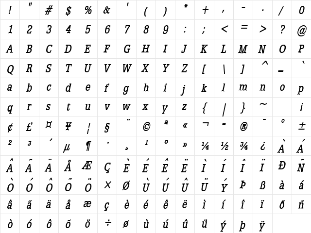 Eggo Condensed BoldItalic  glyph index