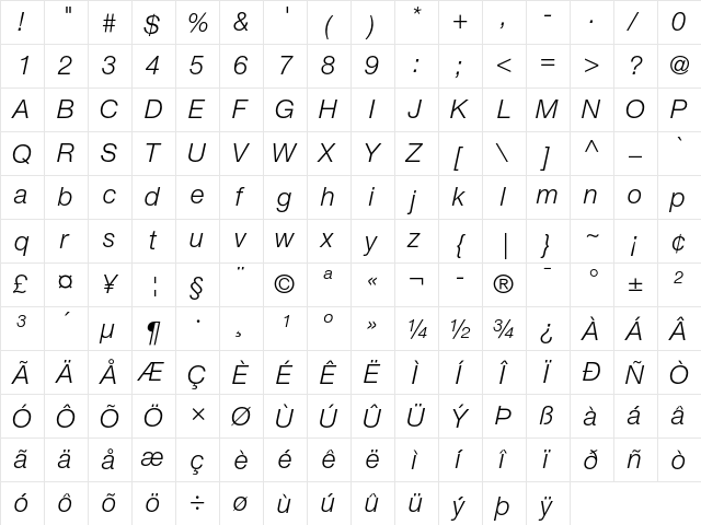 Helvetica Neue 46 Light Italic  glyph index