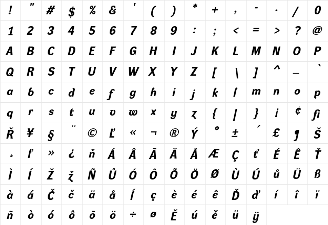 Dynamo R Regular  glyph index