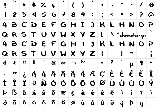 cheeseborger Regular  glyph index