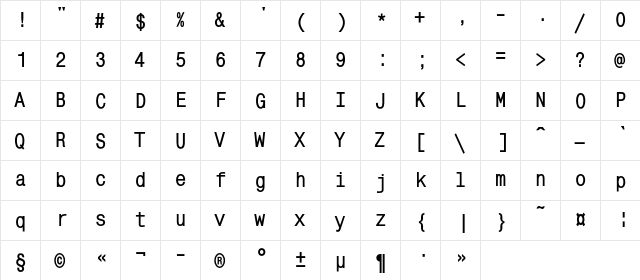 MonoCondensedC Bold  glyph index