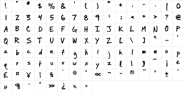 Jotterscript Regular  glyph index