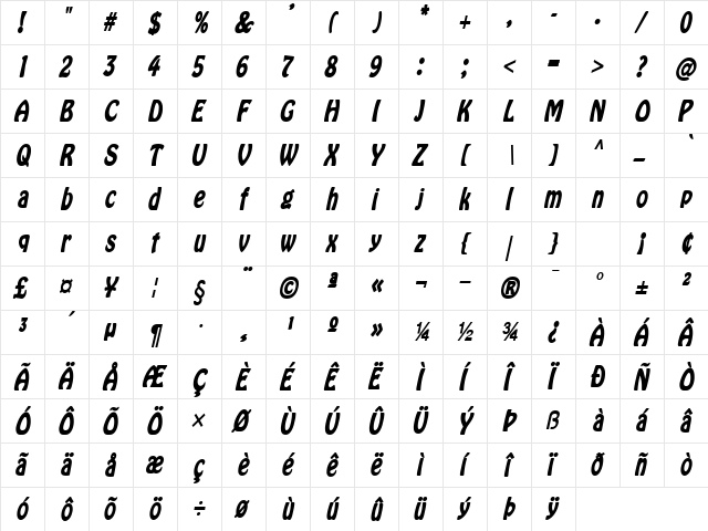 Bobo Thin BoldItalic  glyph index