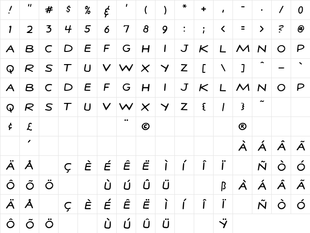 StanLee Regular  glyph index