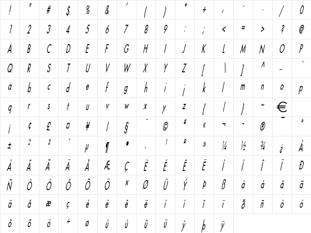 FusiThin Italic  glyph index
