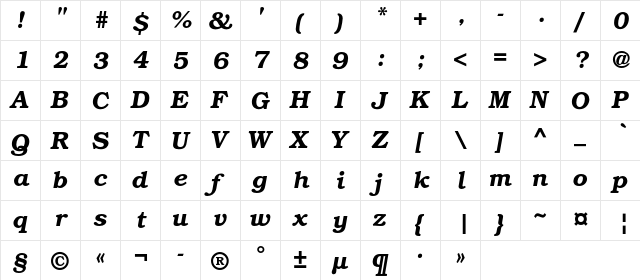 BookmanC Bold Italic  glyph index