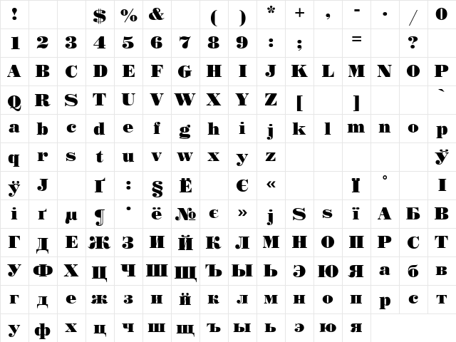 Poster Cyr Regular  glyph index