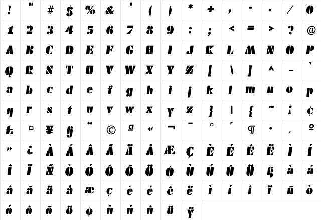 Dekoblack Italic  glyph index