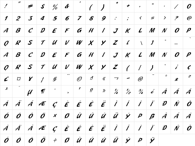 JMH Pulp Paperback Italic  glyph index