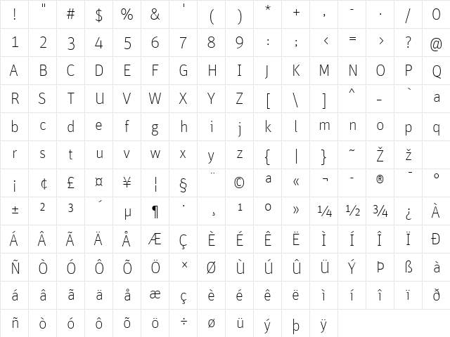 Unit-ThinTF Regular  glyph index