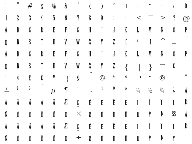 Latin XCn BT Regular  glyph index
