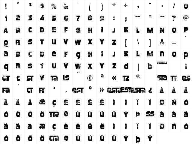 Meposa Stamp Regular  glyph index