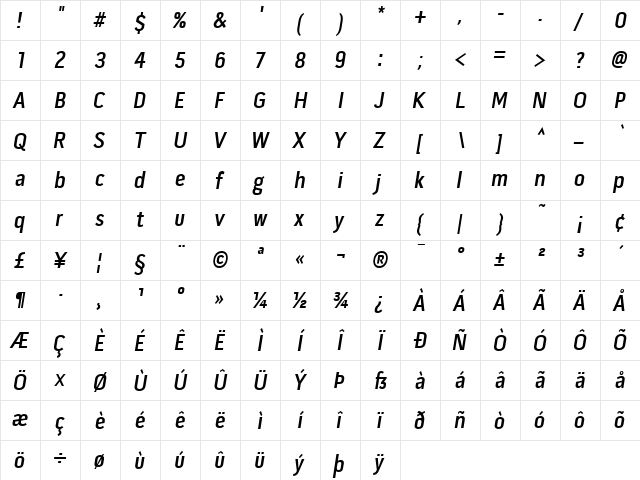 Pill Gothic 300mg Semibd Obq  glyph index