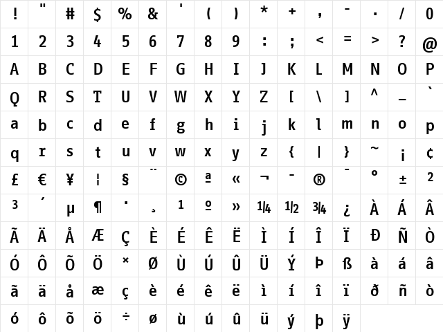 InfoOffice Bold  glyph index