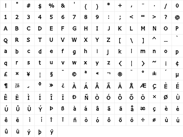 Chizz Regular  glyph index