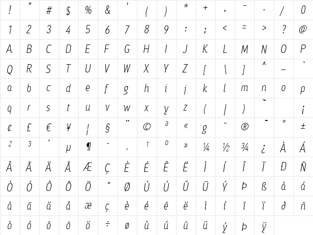 Ayumi Light Italic  glyph index