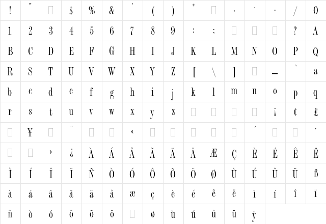 Fashion Compressed Plain  glyph index