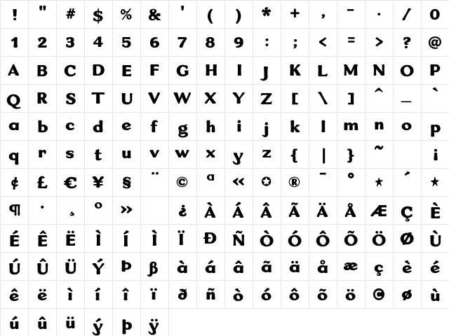 VenisExtra Bold Regular  glyph index