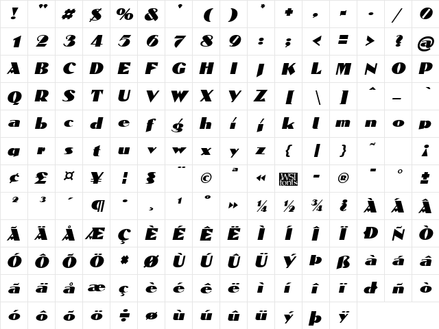 Domaign Italic  glyph index