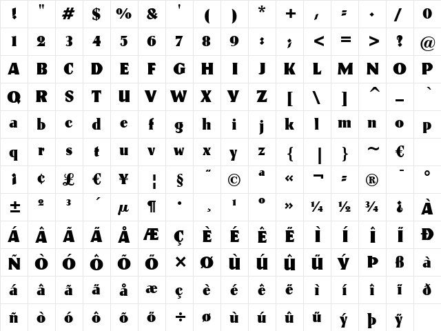 Kuenstler165 Hv BT Heavy  glyph index
