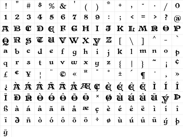 Bluebeard Regular  glyph index