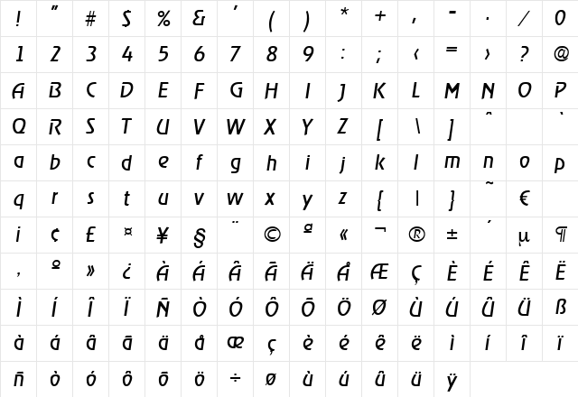 Ragtime-RegularIta Regular  glyph index