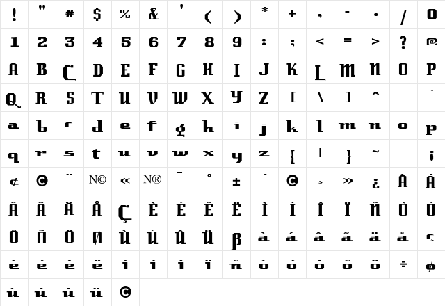 Laundrette Regular  glyph index