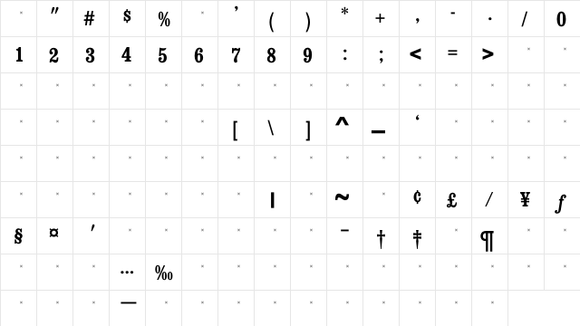 ConsortBoldCondensedTab Regular  glyph index