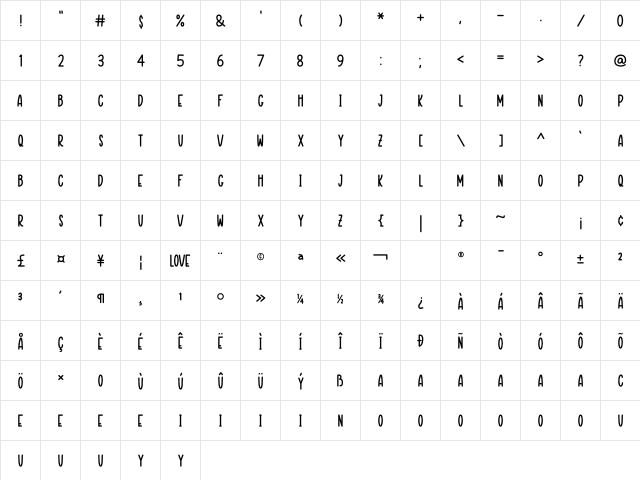 PAPER MOON Regular  glyph index