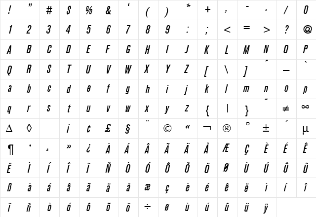 AkzentCondMedium RegularItalic  glyph index