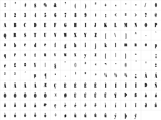 Beau Thin Normal  glyph index