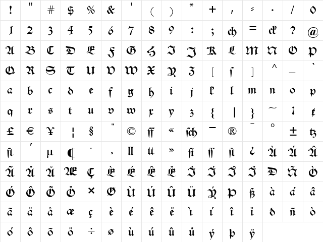 Alte Schwabacher Regular  glyph index