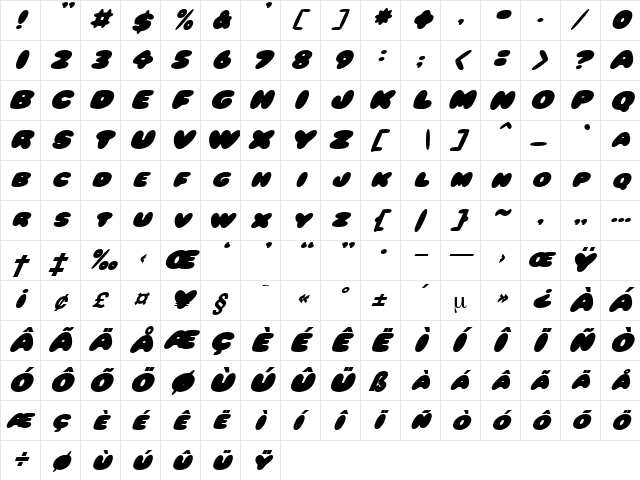 BumblebeeItalic Regular  glyph index
