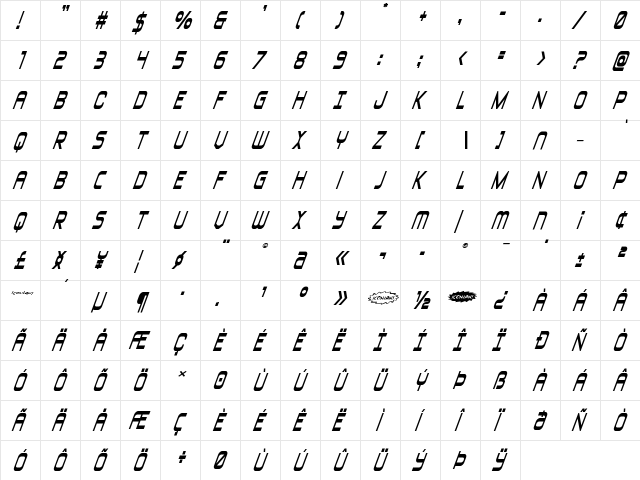 Blizzard Shaft Expanded SuprIt Regular  glyph index