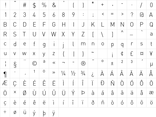 DINPro-Light Regular  glyph index